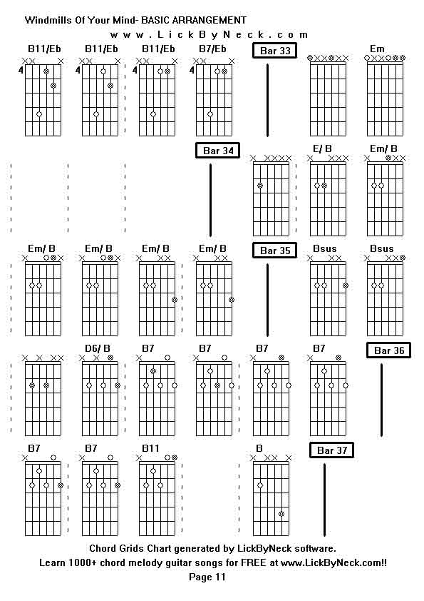 Chord Grids Chart of chord melody fingerstyle guitar song-Windmills Of Your Mind- BASIC ARRANGEMENT,generated by LickByNeck software.